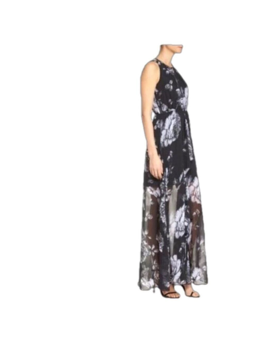 Ali & Jay floral maxi dress ruffle front sheer lined size small black & white